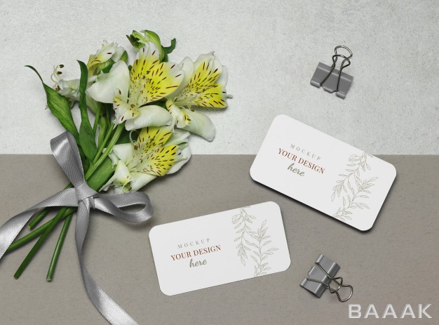 کارت-ویزیت-خلاقانه-Mockup-business-card-with-flowers-ribbon-grey-beige-background_4657970