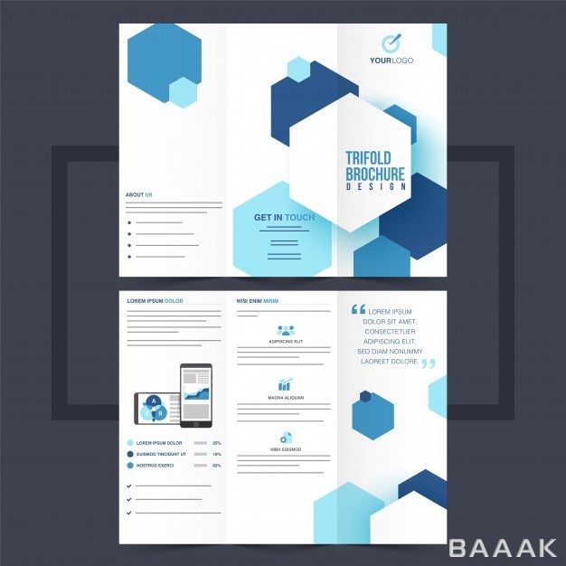 تراکت-مدرن-و-جذاب-Business-trifold-leaflet-flyer-design-with-blue-hexagonal-shapes_300777759