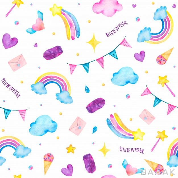 پترن-فوق-العاده-Watercolor-seamless-pattern-with-cute-magic-unicorn-ice-cream-magic-wand-clouds-isolated_443298485
