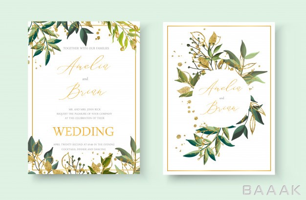 کارت-دعوت-زیبا-و-جذاب-Wedding-floral-golden-invitation-card-envelope-save-date-minimalism-design-with-green-tropical-leaf-herbs-gold-splatters-botanical-elegant-decorative-vector-template-watercolor-style_805760418