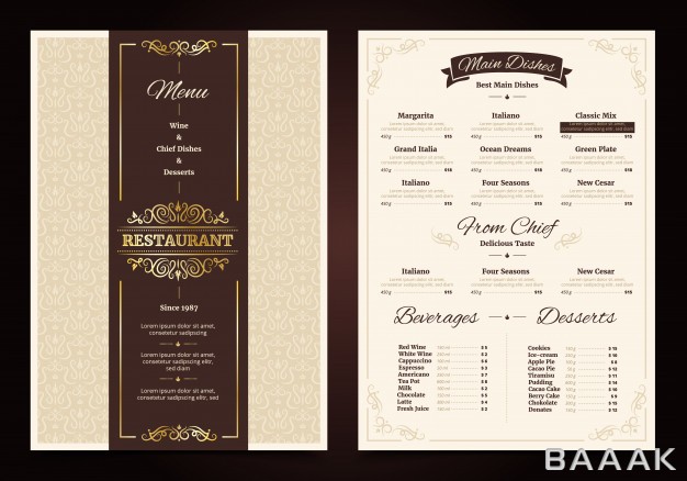 قاب-خاص-Restaurant-menu-vintage-design-with-ornate-frame-ribbon-chef-dishes-beverages_149818323