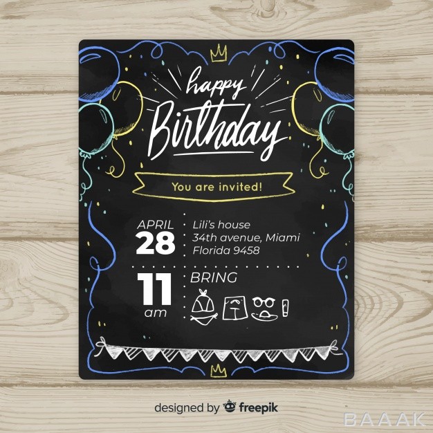 کارت-ویزیت-جذاب-Blackboard-balloons-first-birthday-card-template_436125705