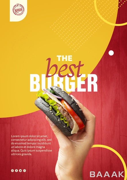 تراکت-مدرن-Hand-holding-black-bun-burger-template_627234493