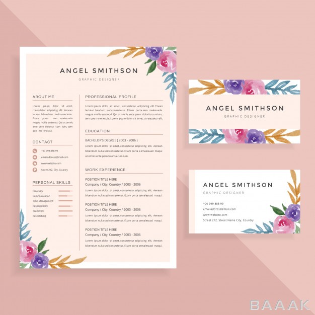 کارت-ویزیت-فوق-العاده-Watercolor-floral-cv-resume-business-card-template_3678656