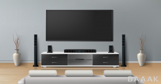 موکاپ-خاص-و-مدرن-Realistic-mockup-living-room-with-big-plasma-tv-flat-gray-wall-black-stand_368886669