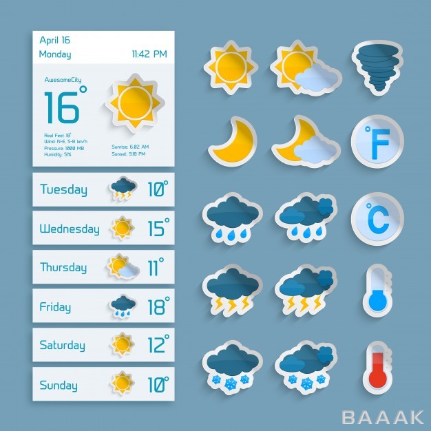 آیکون-مدرن-و-خلاقانه-Weather-extended-forecast-computer-paper-decorative-widgets-with-sun-clouds-rain-snow-icons-vector-illustration_660206973