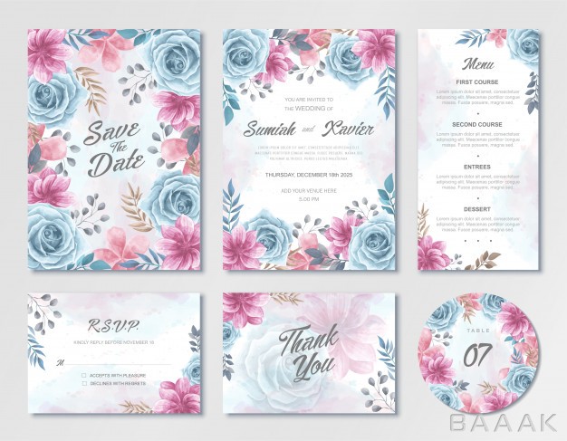 کارت-دعوت-خاص-و-خلاقانه-Beautiful-wedding-invitation-card-template-set-with-blue-pink-watercolor-flowers_431673722