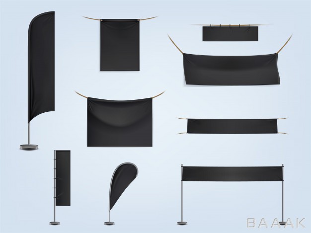 بنر-زیبا-Set-black-blank-textile-banners-flags-stretched-hanging_514627024