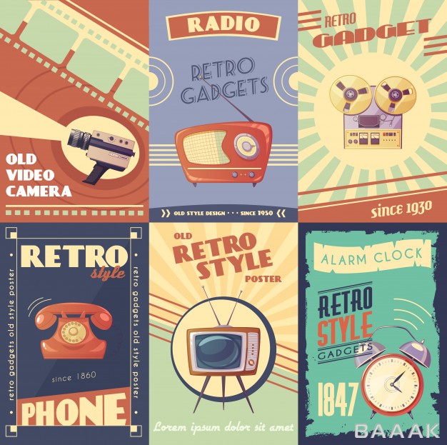 پوستر-خاص-Retro-gadgets-cartoon-posters-with-camera-radio-musical-player-phone-tv-alarm-clock_261959763
