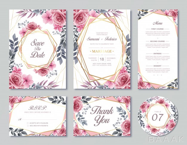 منو-مدرن-و-خلاقانه-Vintage-wedding-invitation-card-template-watercolor-floral-flowers-style-with-rsvp-menu-table-number_597876508