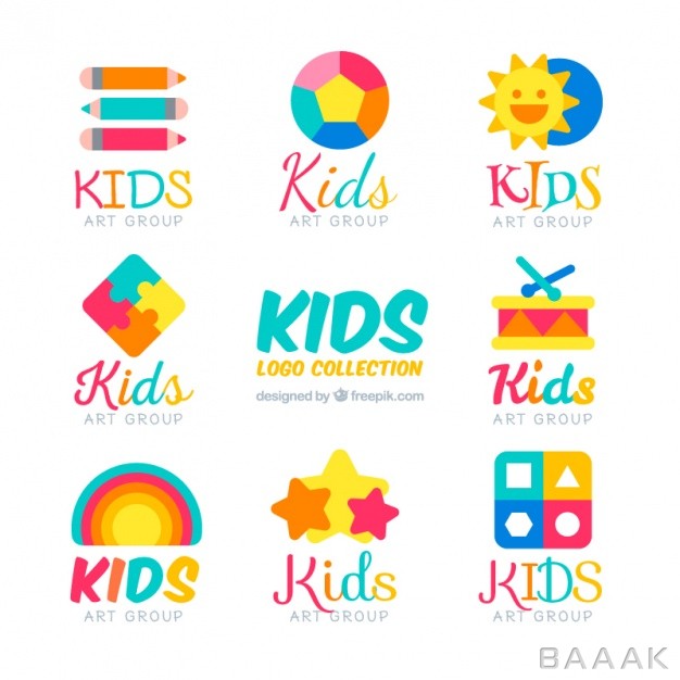 لوگو-مدرن-و-جذاب-Flat-kids-logos-with-colorful-items_1009792