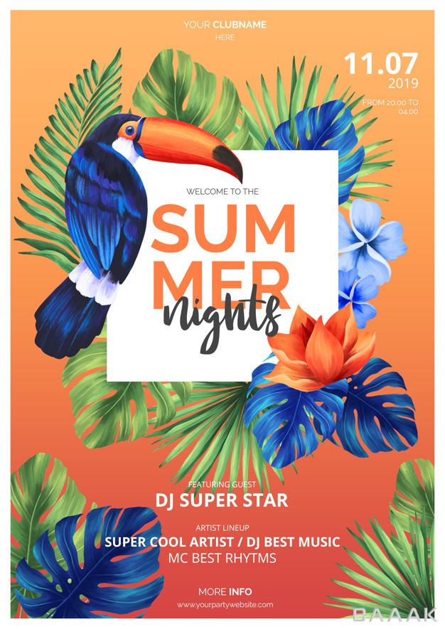 پوستر-فوق-العاده-Colorful-summer-nights-poster-template-with-toucan_941863757