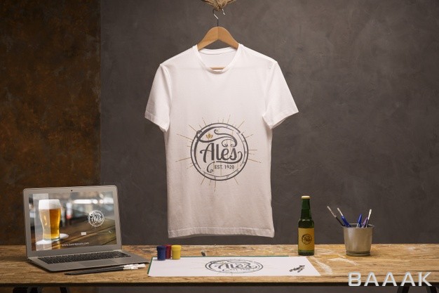 موکاپ-مدرن-و-جذاب-Front-view-white-t-shirt-with-laptop-beer_256251602