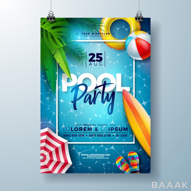 پوستر-مدرن-و-جذاب-Summer-pool-party-poster-design-template-with-palm-leaves-beach-ball_967334217