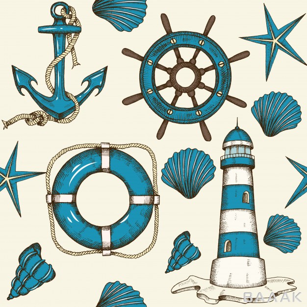 پترن-مدرن-و-جذاب-Vintage-nautical-seamless-pattern-with-hand-drawn-anchor-lighthouse-shells-lifebuoy-wheel_704467477