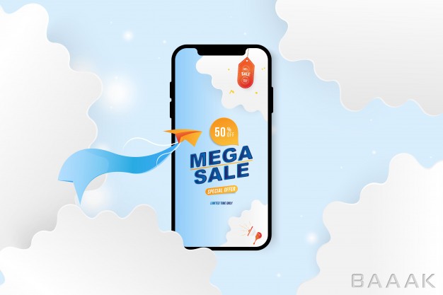بنر-خلاقانه-Banner-mega-sale-smartphone-special-offer-50-with-plane-clouds-cut-out-paper_819770668