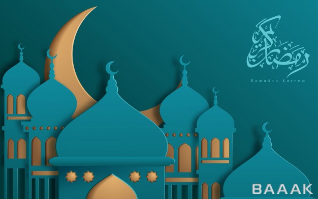 پس-زمینه-زیبا-و-خاص-Islamic-beautiful-design-template-mosque-with-yellow-moon-stars-turquoise-background-paper-cut-style-ramadan-kareem-greeting-card-banner-cover-poster_245891331