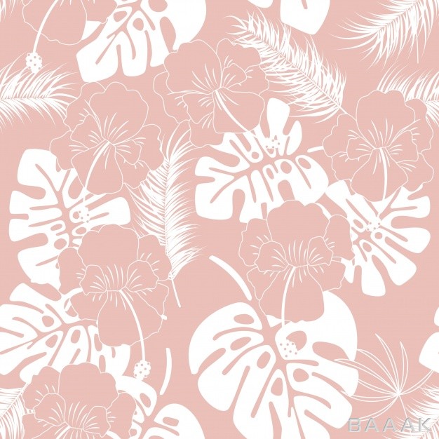 پس-زمینه-مدرن-و-خلاقانه-Seamless-tropical-pattern-with-white-monstera-leaves-flowers-pink-background_965819781