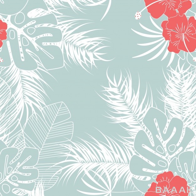 پس-زمینه-مدرن-و-جذاب-Summer-seamless-tropical-pattern-with-monstera-palm-leaves-flowers-blue-background_295166149