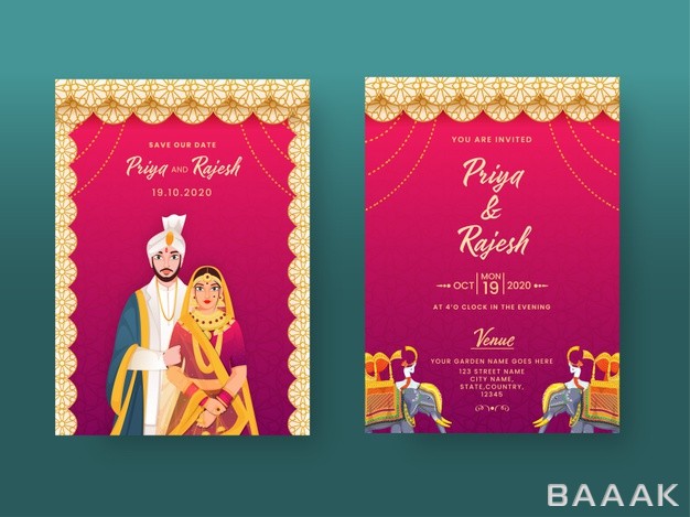 کارت-دعوت-عروسی-هندی-با-پترن-ماندالا-و-کاراکتر-های-عروس-و-داماد_451094912