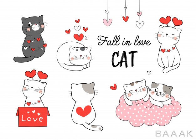 کالکشن-تصویر-گربه-های-عاشق-با-قلب-های-قرمز-کوچک-مرتبط-با-روز-ولنتاین_378508567