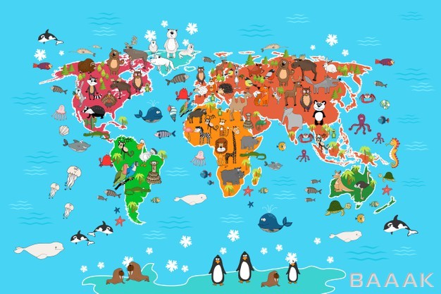 ایلوستریشن-نقشه-جهان-با-حیوانات-مختلف-هر-منطقه_912948622