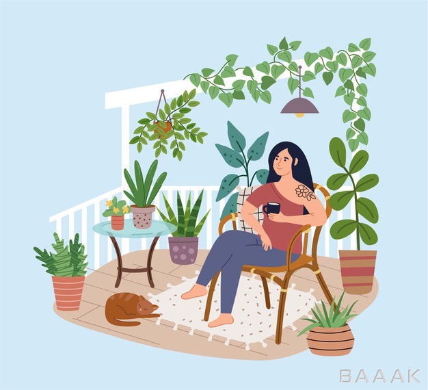 تصویر-کارتونی-زن-جوان-در-حال-استراحت-و-خوردن-قهوه-در-کنار-گیاهان_175285590