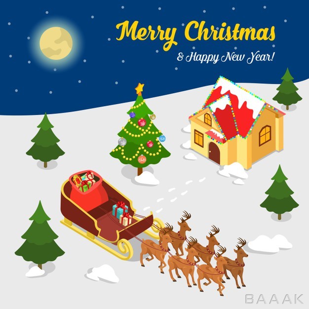 تصویر-کالسکه-بابانوئل-به-همراه-هدیه-ها-و-درخت-کریسمس_328143429