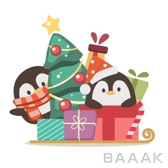 تصویر-کارتونی-پنگوئن-های-بامزه-با-لباس-و-هدیه-های-کریسمسی_120199715